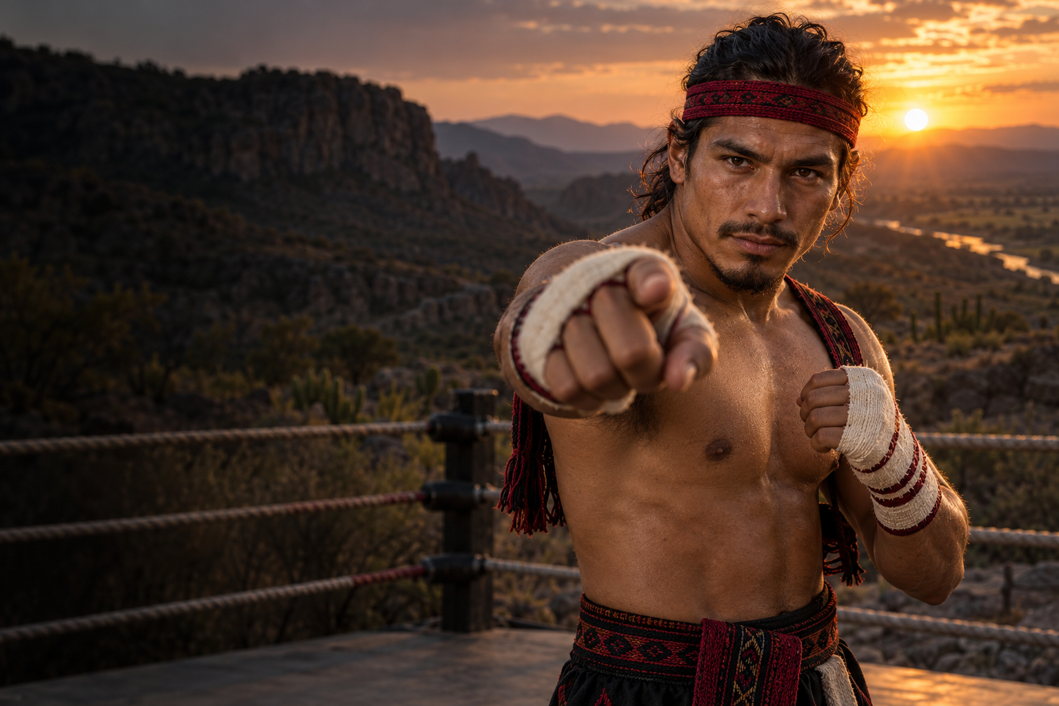 Guerrero inspirado en la identidad caxcán, señalando al frente en un ring al atardecer