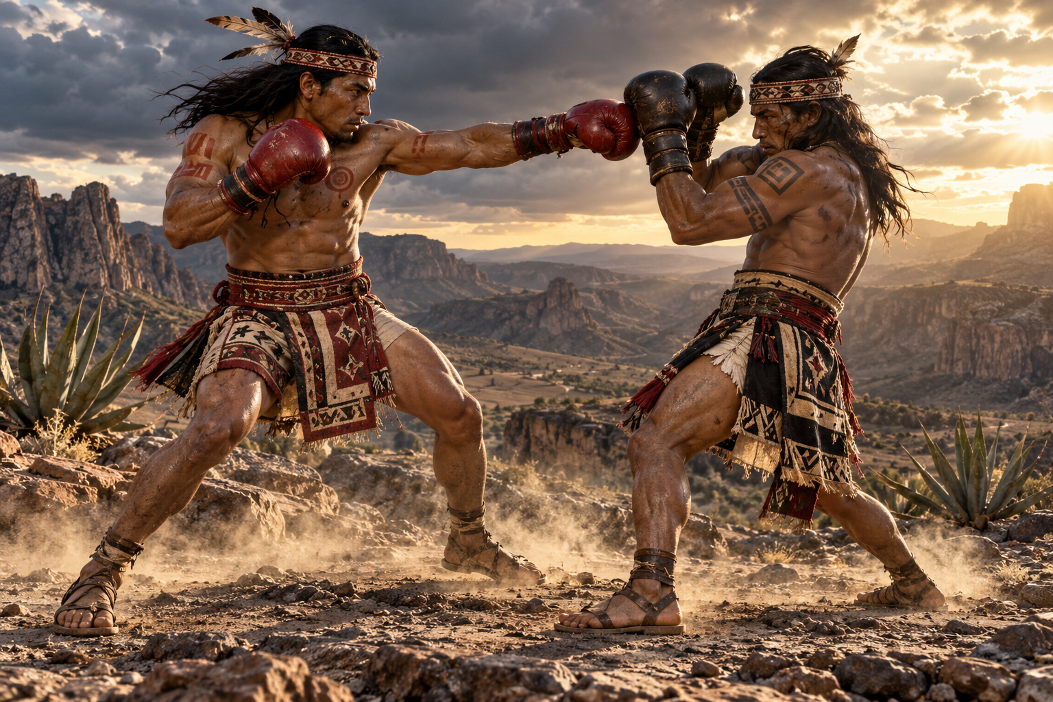 Escena artística de dos guerreros con guantes de boxeo